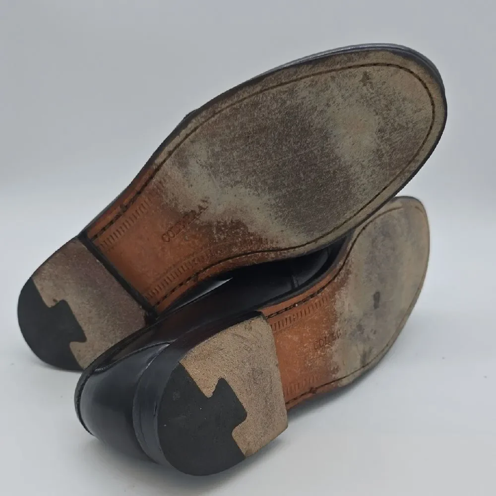 Cole Haan Black Leather Kiltie Loafers with Gold Buckle